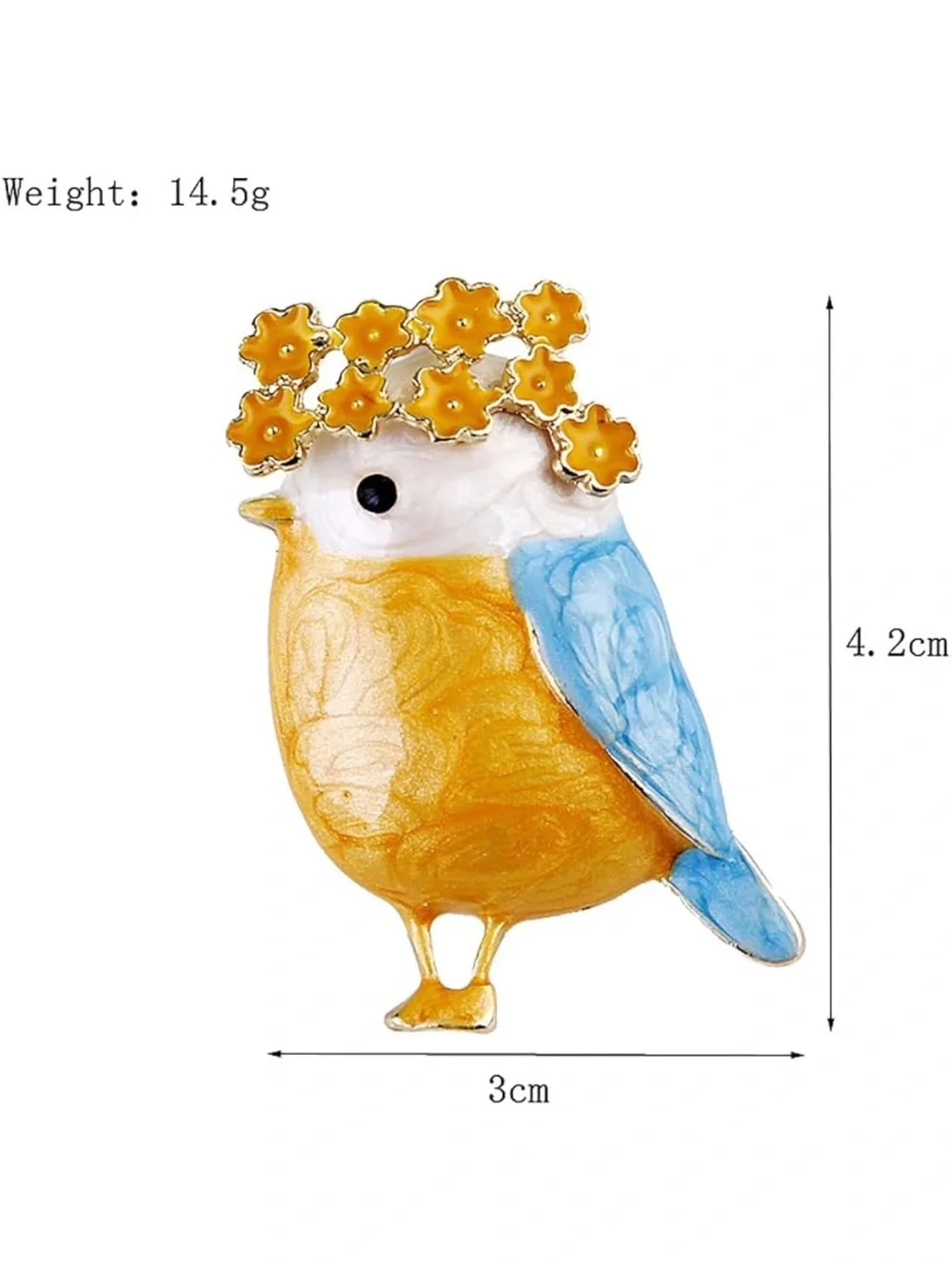 Yellow and Blue Enamel Bird Brooch with Floral Crown